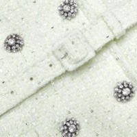 Ensemble élégant en tweed vert menthe 2 pièces : haut à col carré et boutons diamantés, jupe moulante, robe de soirée