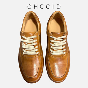 Men's Genuine <b>Leather</b> Casual Shoes Brown Thick Sole Lace-Up Mid-Heel Height Increasing Fashionable Handmade <b>Sneakers</b> - Product Image 3