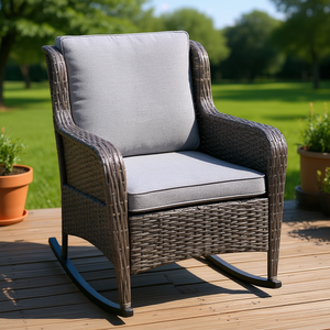 Fauteuil à bascule en osier d'extérieur avec coussins gris, design classique pour jardin et terrasse - Product Image 2