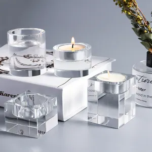 Suporte de vela de cristal luxuoso personalizado, suporte quadrado para velas em resina acrílica transparente, decoração de casamento para mesa e casa