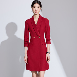 Women's Double Breasted <b>Wool</b> Blend Coat Red Navy Professional Workwear Office Outfit Medium Thickness Anti Wrinkle Solid Color - Product Image 3