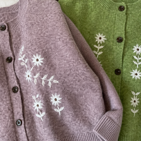 Kardigan Rajut Anak Perempuan Bordir Bunga Daisy Kerah Bulat Kancing Depan, Sweater Rajut Lembut, Label Pribadi Kustom, Pabrik OEM