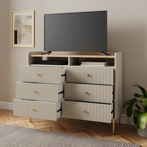Commode à 6 tiroirs en bois à rainures modernes pour salon, <span class=keywords><strong>buffet</strong></span> de rangement <span class=keywords><strong>blanc</strong></span> avec étagère ouverte - Product Image 2