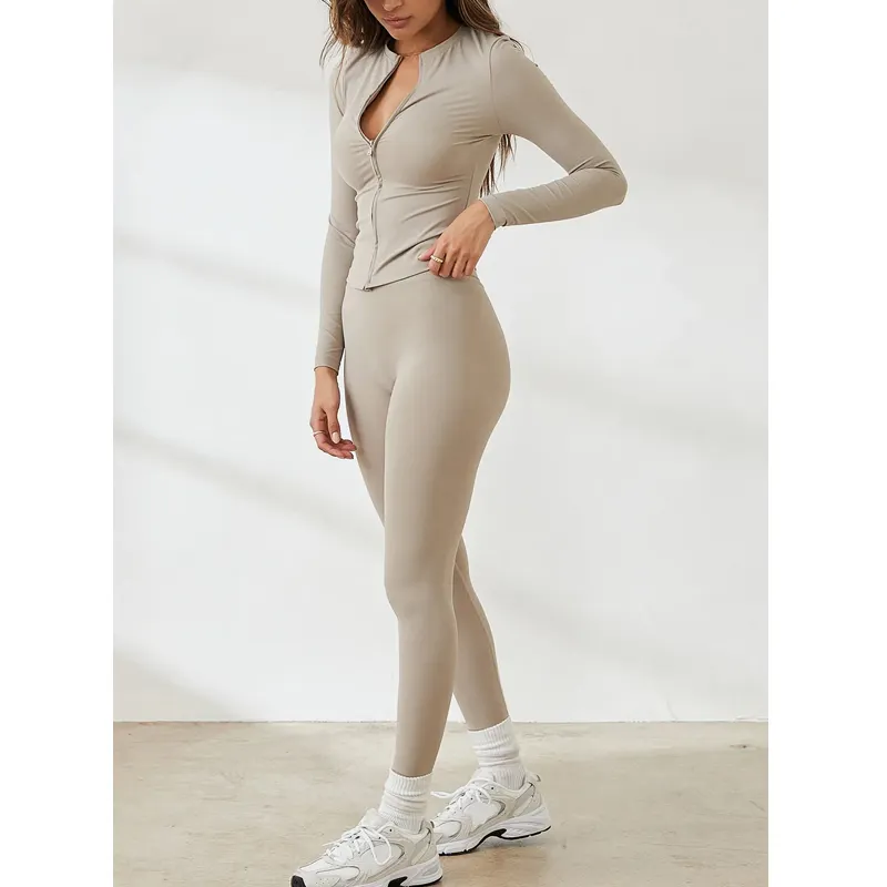 F230351 pabrik kustom Logo Gym Activewear Sweatsuit wanita Yoga Set 2 buah kebugaran Yoga Top Jaket dan Legging celana Set