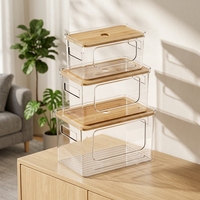 Boîte de rangement empilable en PET avec couvercle en bambou, organisateur de rangement domestique pour cuisine, garde-manger, buanderie, salle de bain, distributeur de bureau