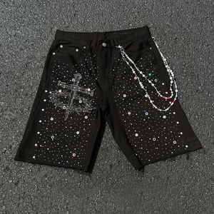 <span class=keywords><strong>Jeans</strong></span> Cortos de Mezclilla para Hombre, Estilo Hip Hop, Decorados con Pedrería, Diseño Personalizado OEM, Vintage, Casuales, Versátiles y Desgastados - Product Image 2