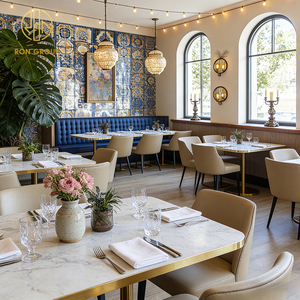 Table carrée de luxe <span class=keywords><strong>l</strong></span>égère en pierre frittée avec bordure dorée et banquette en cuir pour restaurant et café - Product Image 4