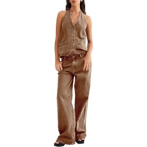 Ensemble en jean pour femme Fisoew, débardeur dos nu boutonné et jean à jambes larges, tenue 2 pièces - Product Image 1