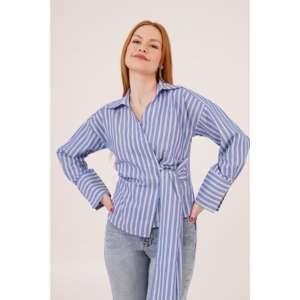 Camisa Azul a Rayas para Mujer con Detalle de Lazo Lateral, Blusas y Camisas al por Mayor - Product Image 5