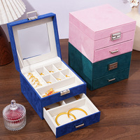 Boîte de rangement à bijoux double couche en daim de luxe, écologique, avec logo personnalisé et miroir pour boucles d'oreilles, pendentifs, bagues, colliers et bracelets