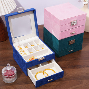 Luxury Suede Double-layer Jewelry Storage <b>Box</b> <b>with</b> <b>Mirror</b> for Earrings Pendant Ring Necklace Bracelet Engagement Wedding Gift - Product Image 1