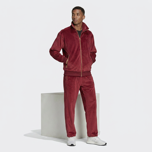 Men Red Velour Eco-Friendly Lightweight Tracksuit Full <b>Zip</b> <b>Hooded</b> Casual Autumn Wear Solid Color Polyester Regular Fit Side - Product Image 1