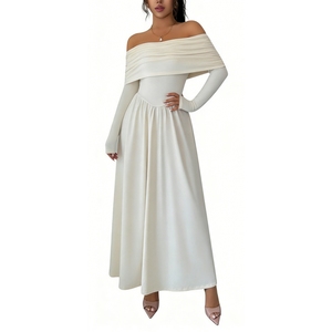 Vestido largo de manga larga con hombros descubiertos para mujer, vestidos formales fluidos, a la moda - Product Image 4