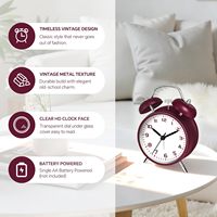 Réveil en métal bordeaux de 4,5 pouces avec double cloche, son puissant, silencieux et sans tic-tac, idéal pour les dormeurs profonds, écologique, pour chambre et bureau