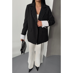 Chaqueta a Rayas de Un Solo Botón para Mujer con Puños Color Crudo, Blazers Negros - Product Image 1