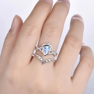 Beautiful Pear Cut 925 <b>Sterling</b> <b>Silver</b> Rhodium Plated Natural Moonstone Eternity Band Wedding & Anniversary <b>Ring</b> <b>Sets</b> - Product Image 2