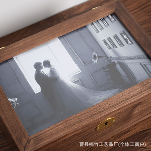 Walnut Wood Jewelry <b>Box</b> 24x16.5x8cm With Lock And Glass Top For <b>Storage</b> Display - Product Image 5