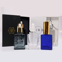 Flacon compte-gouttes en verre bleu transparent personnalisé 30ml 50ml avec impression de logo et boîte pour huile essentielle cosmétique