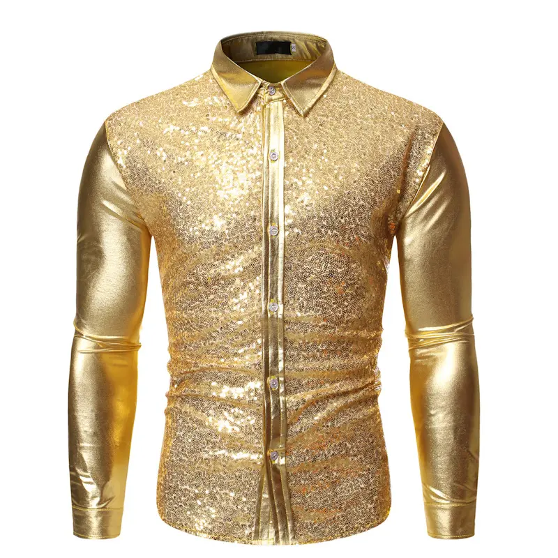 Wholesale Men's Disco T Shirts Shiny Gold Sequin Metallic Design Dress Shirt Button Down Christmas Stage Costume Clothing C124