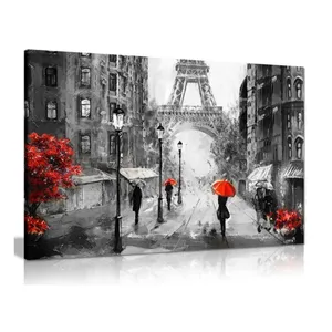 Black White Red Oil Painting Paris Eiffel Tower Street Canvas Picture Print Home Decor canvas wall art poster printed paint
