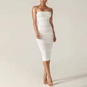 Women's White Wedding Dresses Spaghetti Straps Sexy Bodycon Party Evening Gown Ruched Organza Mesh Midi Dress For Ladies