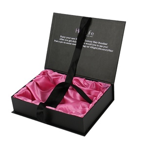 Custom rigid luxury hair wig packaging box hair extension paper gifts paper boxes with satin insert and ribbon.