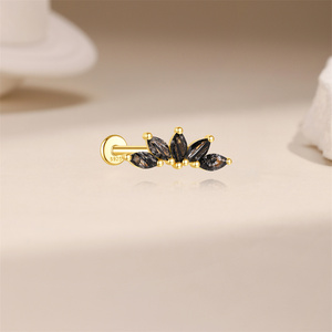 Bijou de piercing pour cartilage d'oreille en argent S925, 1.2*6 mm, avec quartz rutilé noir taille marquise et couronne - Product Image 2