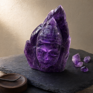 Cabeza de Buda sobre hoja, tallada a mano en amatista - rostro de Buda sereno y meditando - cristal/reiki/curación - Product Image 3