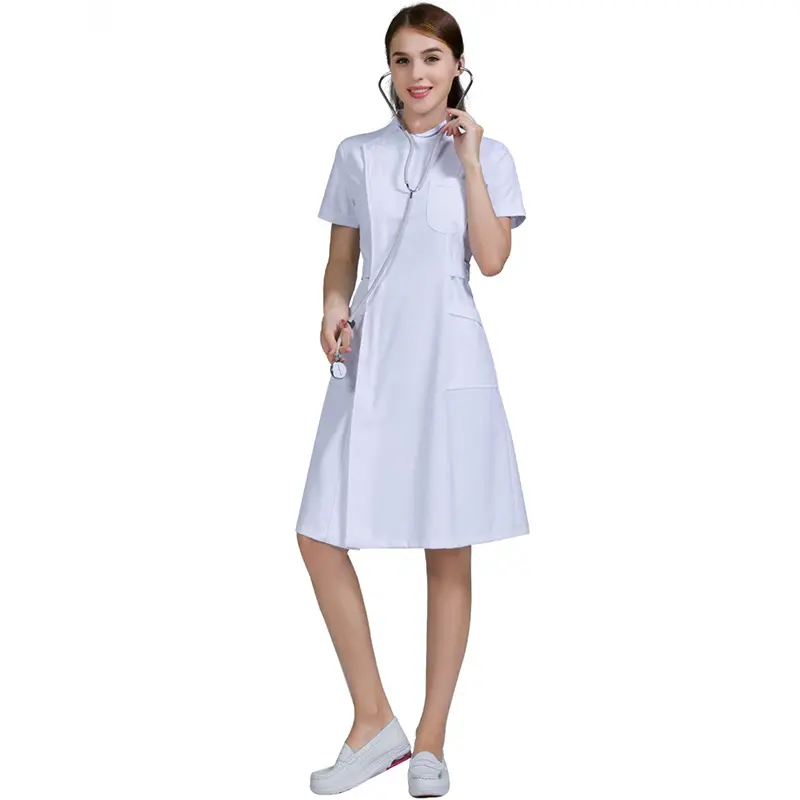 Uniforme médico blanco con cuello en V para mujer, Túnica con 2 bolsillos CVC, uniforme de enfermera de Hospital, Tops y pantalones de diseño