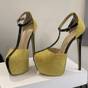 Zapatos de tacón alto y fino con plataforma gruesa y correa en T para mujer, sandalias de fiesta sexy con hebilla en el tobillo, de gamuza amarilla para bailarinas de club - Product Image 6