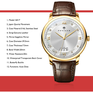 PONIGER – montre-bracelet à Quartz pour hommes, boîtier en acier inoxydable doré, bracelet en cuir véritable, miroir saphir, Date automatique, résistant à l'eau - Product Image 6