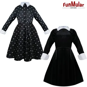 Funmular Wednesday Kostuum Voor Meisjes Lange Mouw Casual Vintage Zwarte Jurk Met Kraag Voor Halloween Kostuum