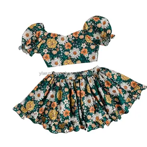 best selling baby girls flower printed clothes dress outfits puff sleeve mini tops match skirts suits