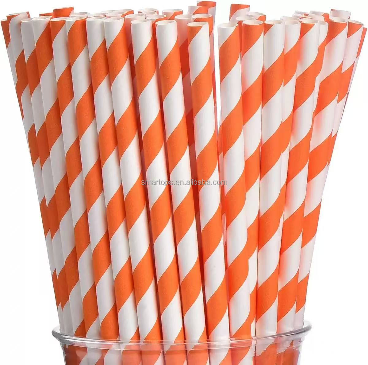 Disposable 6mm X 197mm & 8mm Orange & White Striped Biodegradable Recyclable Paper Straws for Food & Beverage