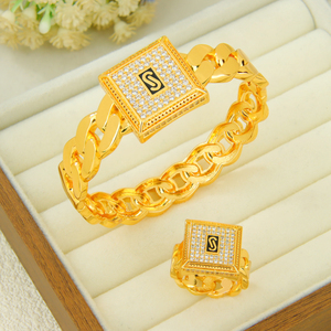 Ensemble de bracelets Hip Hop Monaco en zircone plaqué or 21 carats, bijoux punk tendance, bracelet et bague pour femme, idéal pour les événements et les soirées - Product Image 1
