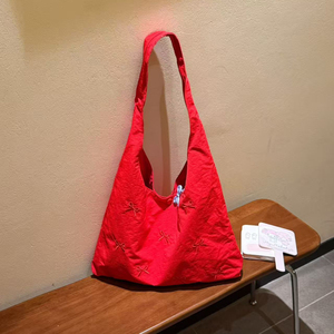 Korean-Style <b>Canvas</b> <b>Bag</b> <b>Large</b>-Capacity Shoulder <b>Bag</b> with Embroidered Bow Accent - Product Image 5