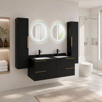Ensemble de meuble-lavabo mural moderne à double vasque en contreplaqué écologique, finition noire, avec capteur tactile intelligent LED