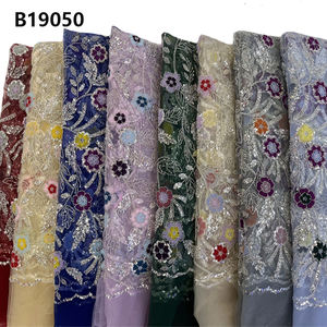 Chocoo ผ้าลูกไม้ตาข่ายปักลายดอกไม้3D ฝรั่งเศสสีเหลืองผ้าลูกไม้แอฟริกันพร้อมลูกปัดและเลื่อม - Product Image 2