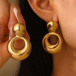 Minimalist Geometric <b>Circle</b> Stud Earrings 18k Gold Stainless Steel Women Fashion Simple Retro Double Layer Polished Titanium - Product Image 3
