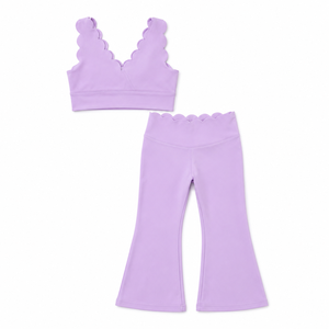 Soft Nylon Spandex Girls Scalloped Active Set <strong>Purple</strong> Scallop Edge <strong>Crop</strong> <strong>Top</strong> &amp; High Waist Flare Pants Kids Yoga Outfit - Product Image 2