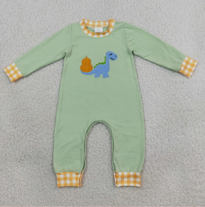 <b>Cute</b> Green Dinosaur Applique Breathable Romper with Yellow Checkered Trim for Baby Boys Infants & Toddlers Summer Wear - Product Image 2