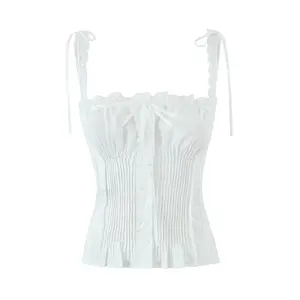ZATRHMBM Women's 2024 New Fashion Casual Solid Color Small Camisole Retro Lace Edge Buttoned Chic Vest