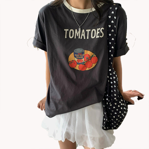 Camiseta Corta de Cuello Redondo con Bloques de Color Estilo Coreano, Estampado de Tomate, Personalizable, Manga Corta para Mujer - Product Image 2