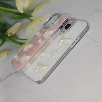Coque de téléphone 3D Nœud Rose avec cadre d'appareil photo en strass scintillant, antichoc pour iPhone X 11 17 18 Pro Max, Samsung Redmi OPPO