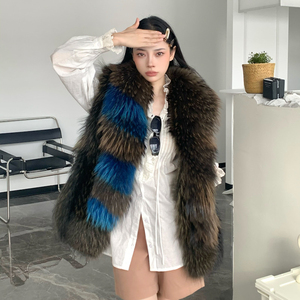 Veste de luxe en vraie fourrure de raton laveur pour <span class=keywords><strong>femme</strong></span>, <span class=keywords><strong>sans</strong></span> <span class=keywords><strong>manches</strong></span>, en fourrure duveteuse, Bomber d'hiver, vente en gros - Product Image 4