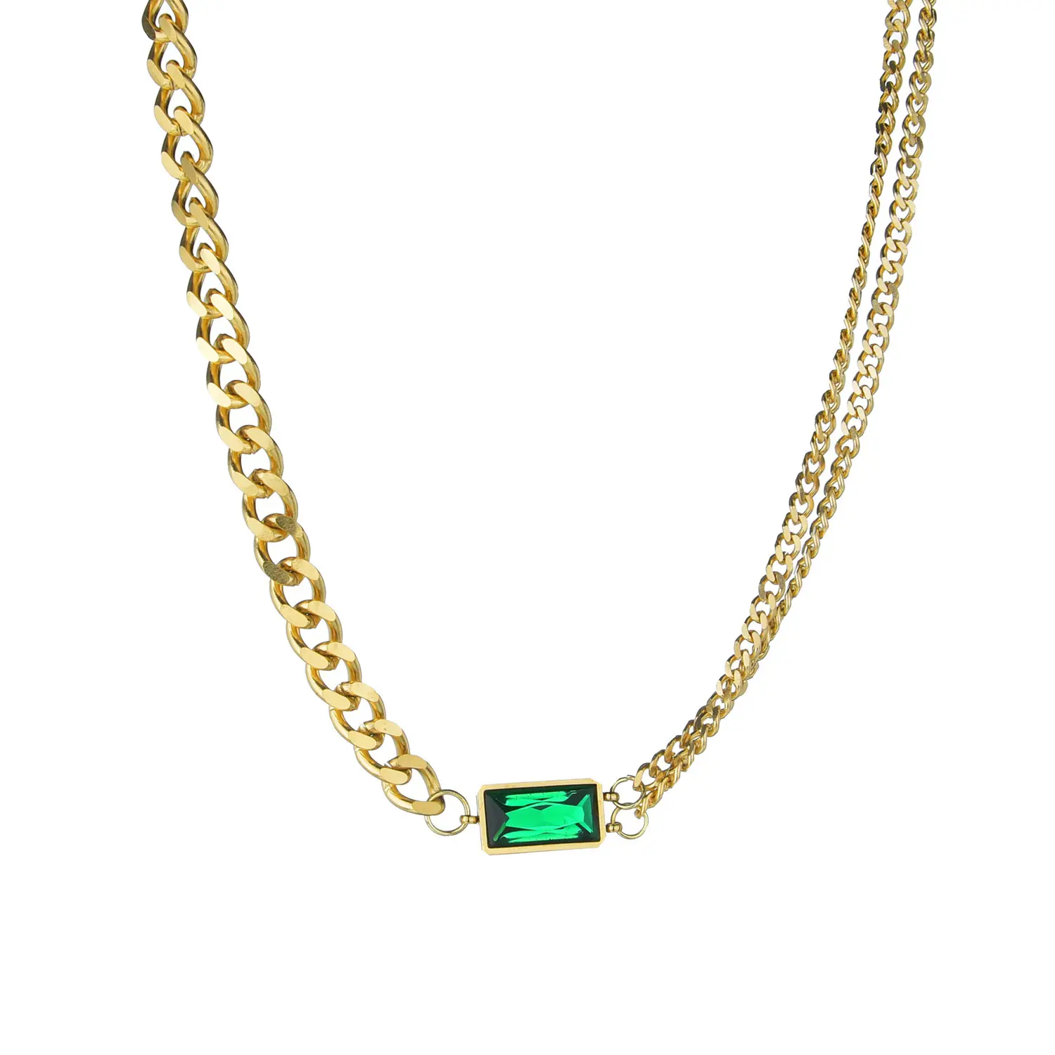 Gold plated jewelry cuban link chain big green zircon stainless steel choker necklaces