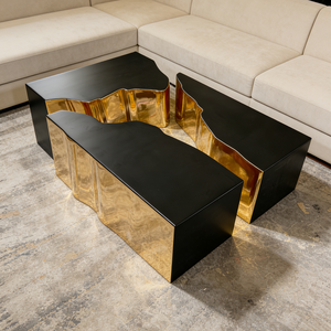 Ensemble de tables basses en métal poli de forme irrégulière unique, design minimaliste, plateau noir, tables centrales design, meubles pour la maison et la villa - Product Image 2