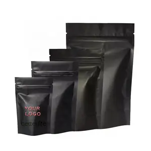 Custom Food Matte Black Mylar Stand Up Bags Smell Proof Resealable Ziplock Bags Sealable Foil Packaging Bags