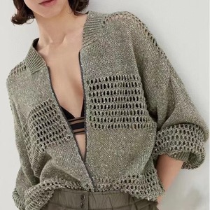 Cárdigan de <span class=keywords><strong>lino</strong></span> de lujo para <span class=keywords><strong>mujer</strong></span>, informal, antipilling, con cierre de cremallera, cuello redondo, tejido hueco, color liso, con malla larga para la temporada de otoño - Product Image 1