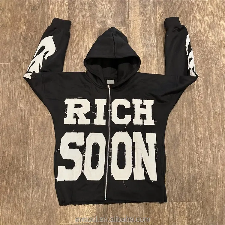 High Quality Cropped Oversized Designer Embroidered Patch Hoodies Men's Heavyweight Zip Up Embroidery Patch 450 Gsm Hoodie